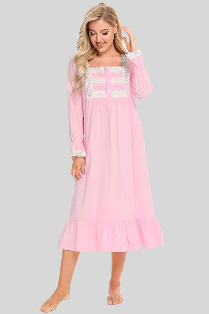 Lace Detail Square Neck Flounce Sleeve Night Dress Carauana Store
