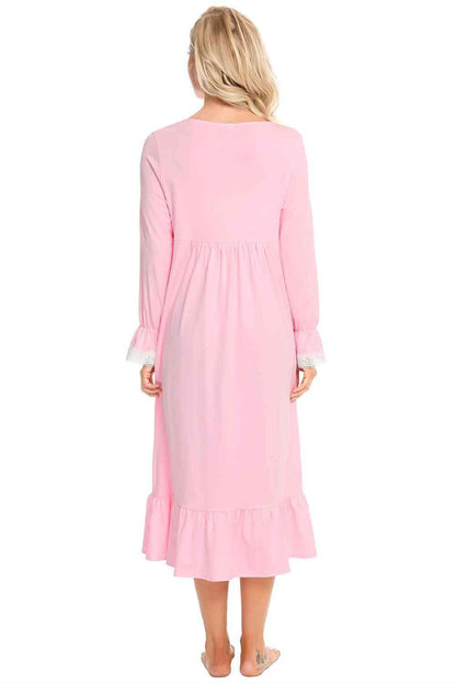 Lace Detail Square Neck Flounce Sleeve Night Dress Carauana Store