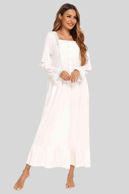 Lace Detail Square Neck Flounce Sleeve Night Dress Carauana Store
