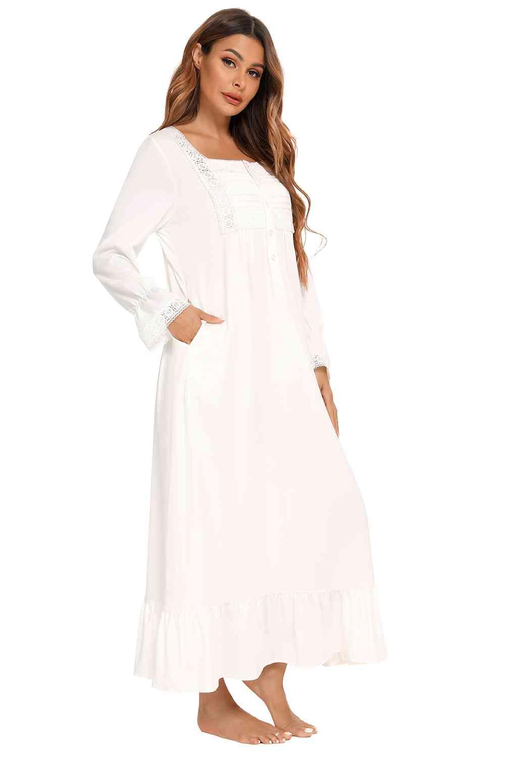 Lace Detail Square Neck Flounce Sleeve Night Dress Carauana Store