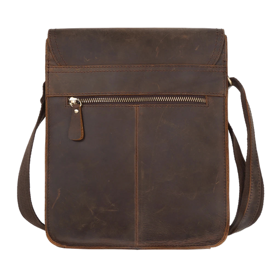 Brown leather crossbody bag with visible brand name on a white background