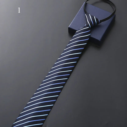 Navy blue tie with white and light blue stripes on a dark gray background