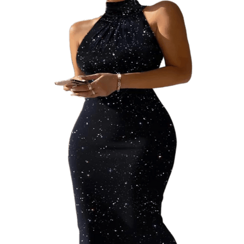 New Women Elegant Bodycon Mini Dress Glitter High Neck Sleeveless Bodycon Sexy Slim Fit Party Dress