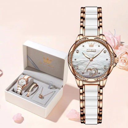 OLEVS Ceramic Band Automatic Self-Wind Watch | Fashionable & Durable with Diver Function and 5Bar Water Resistance Elegant Ladies Watch Set 6631