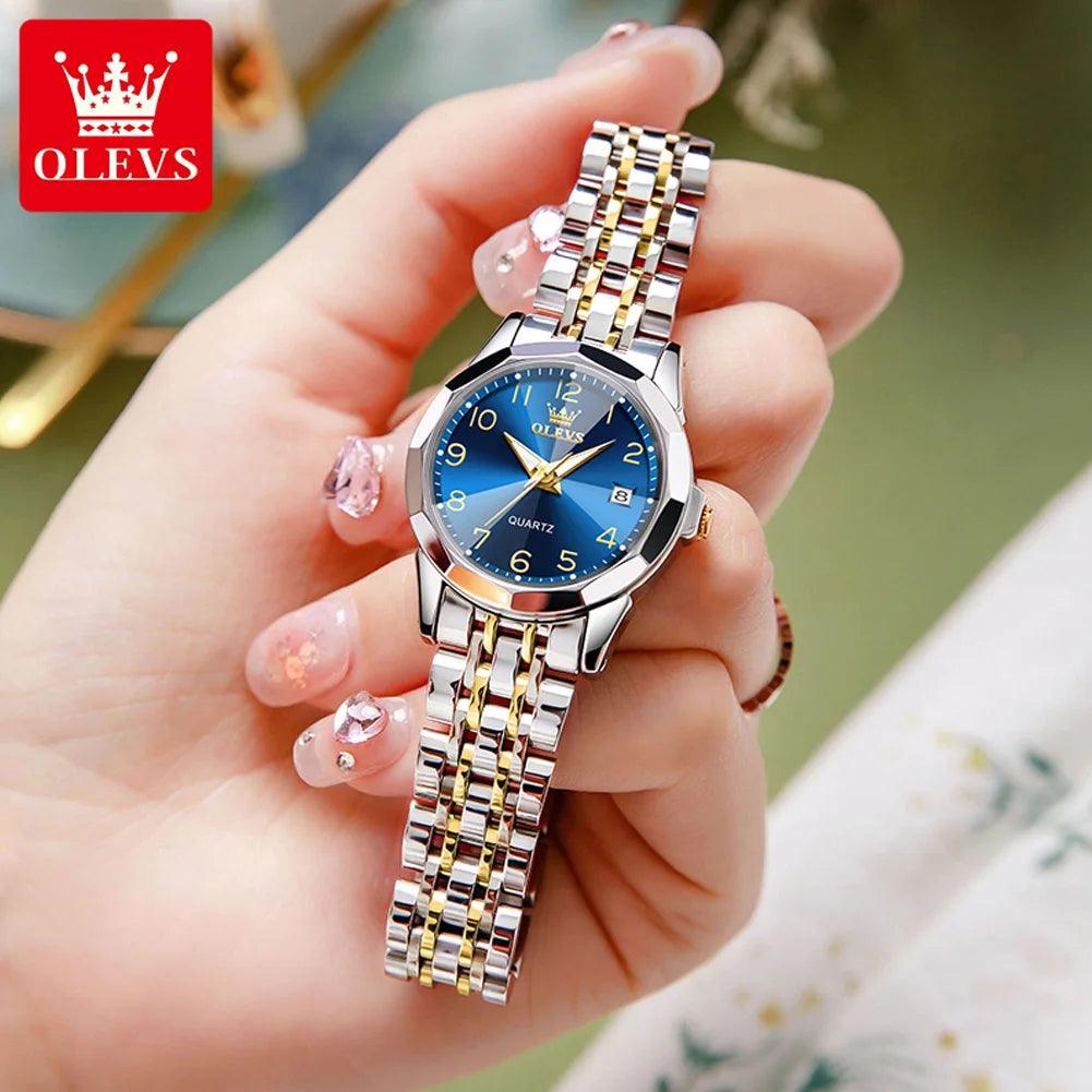 OLEVS Golden Watch for Women Luxury Elegant Rhombus Design Digital Dial Stainless Steel Strap Waterproof Calendar Clock Ladies