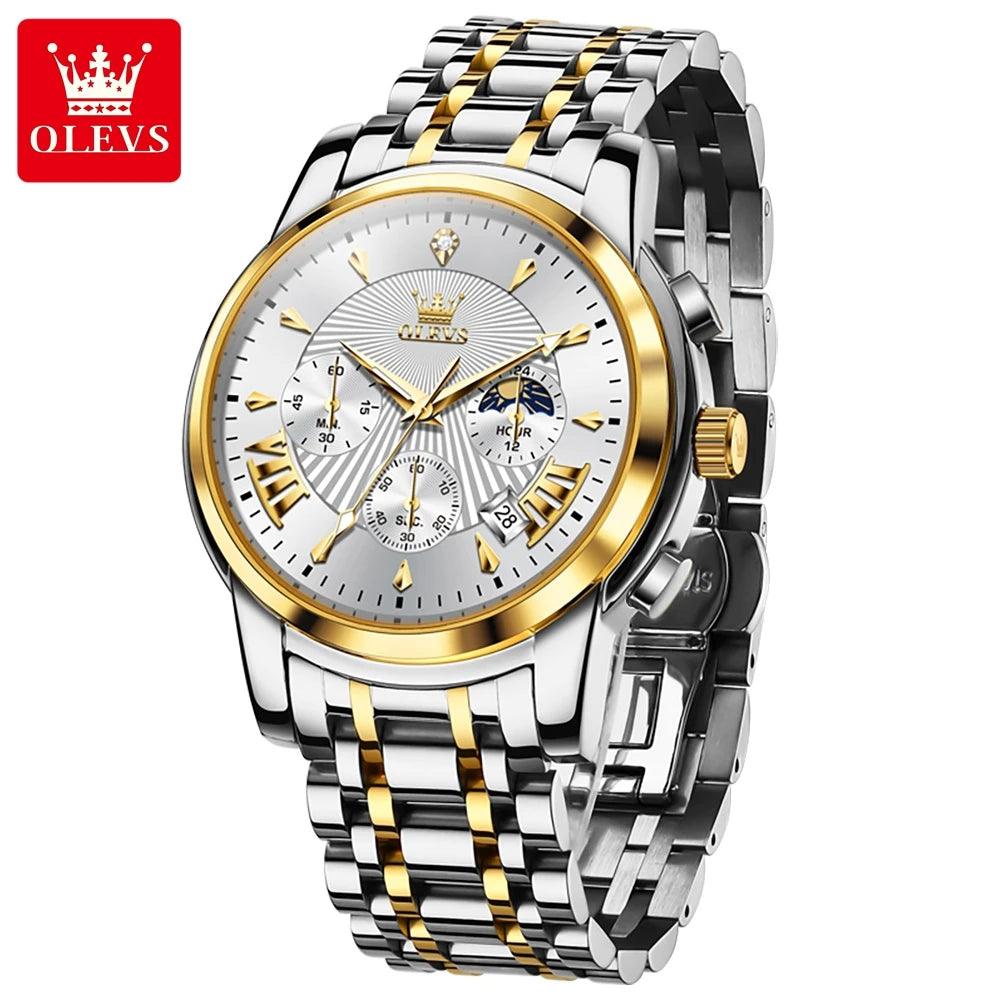 OLEVS Luxury Brand Quartz Watch for Men Waterpoof Chronograph Men's Wristwatch Auto Date Dual Calendar Moon Phase Man Watch New