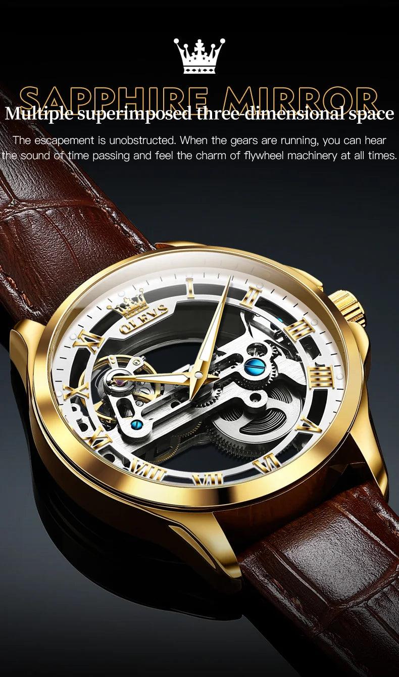 OLEVS Men's Automatic Mechanical Waterproof Luxury Wristwatch with Luminous Leather Strap - Gift Box Included