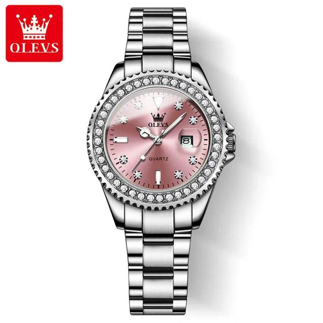 OLEVS Original Diamond Dial Quartz Watch for Women Fashion Elegant Ladies Watches Stainless Steel Waterproof Women's Wristwatch