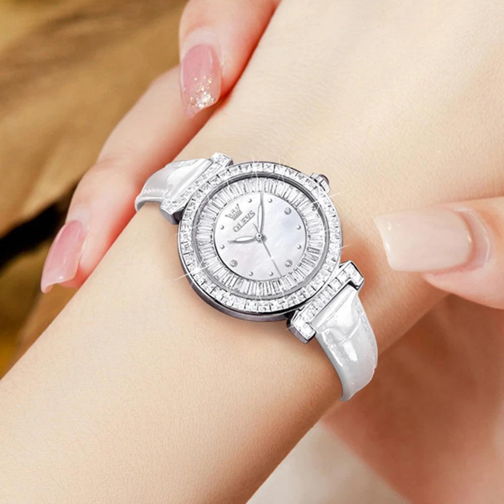 OLEVS Women's Watches Light luxury Fashion Original Quartz Watch for Ladies Waterproof Leather Strap Luminous Diamond Ring Dial