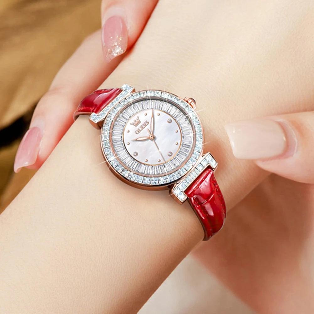 OLEVS Women's Watches Light luxury Fashion Original Quartz Watch for Ladies Waterproof Leather Strap Luminous Diamond Ring Dial