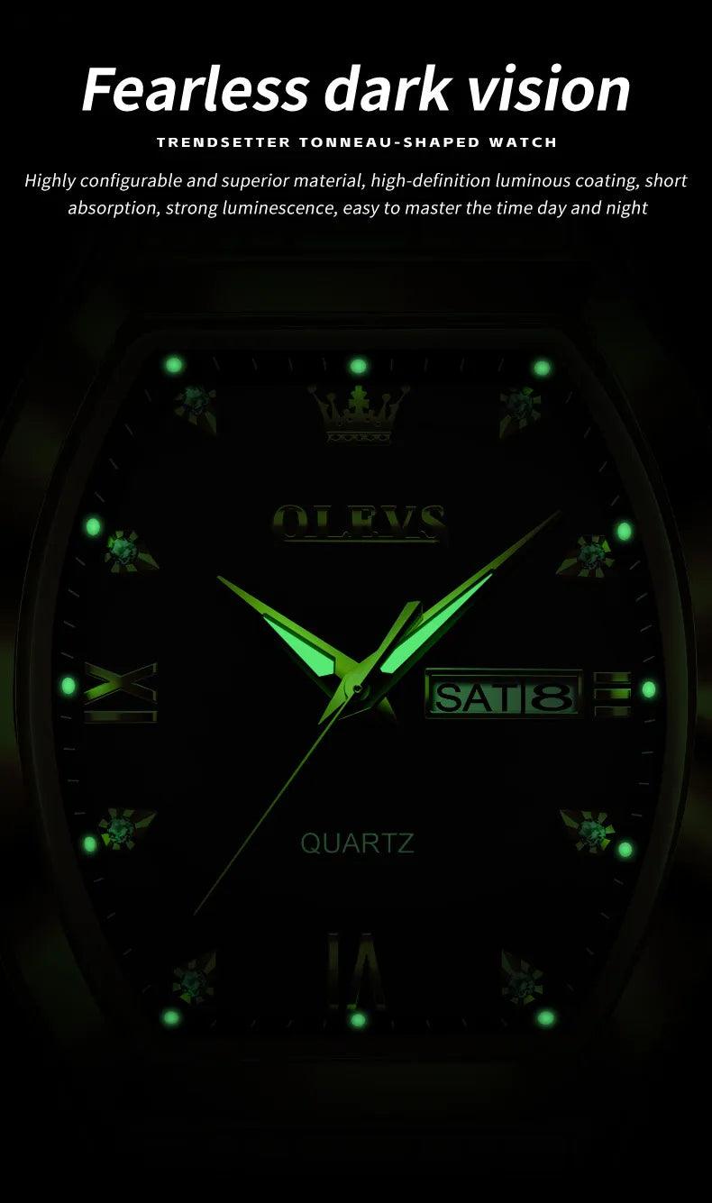 OLEVS/5528 Stainless Steel Luxury Quartz Watch | Elegant Tonneau Case with Shock Resistance and Week Display