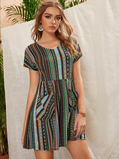 Pocketed Striped Short Sleeve Dress Carauana Store