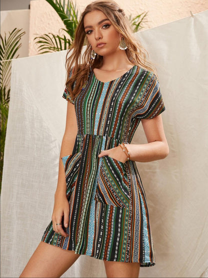 Pocketed Striped Short Sleeve Dress Carauana Store