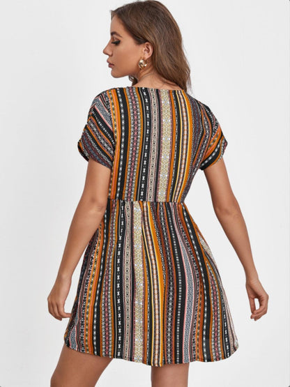 Pocketed Striped Short Sleeve Dress Carauana Store