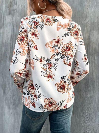 Printed V-Neck Long Sleeve Blouse Carauana Store