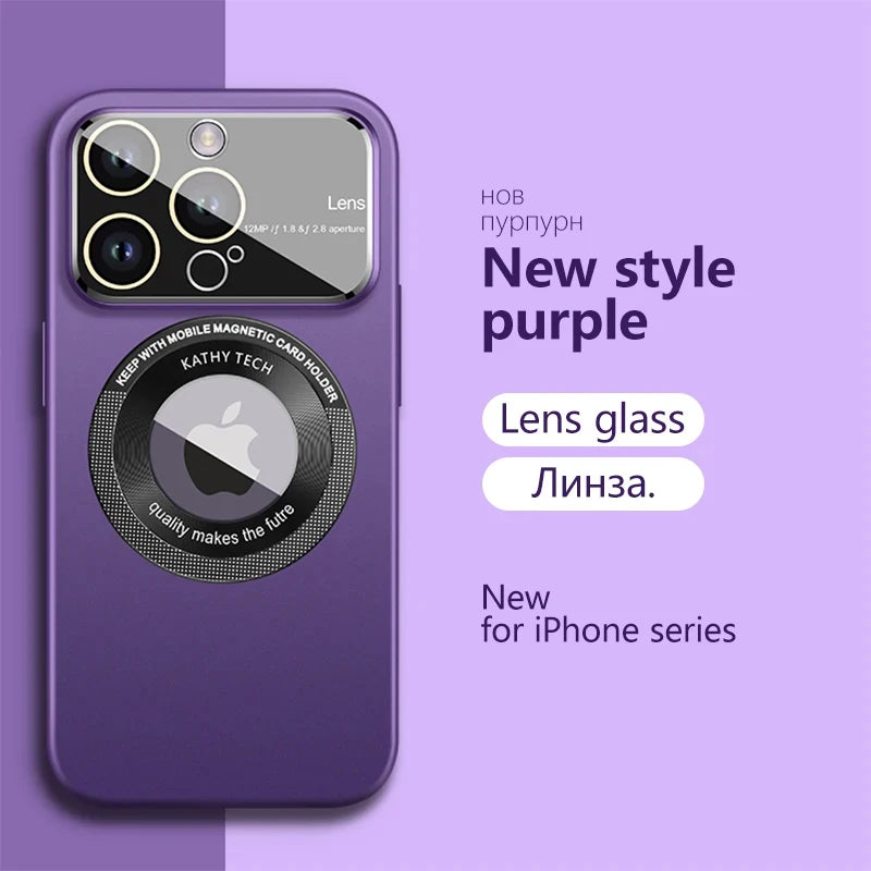 Purple phone case with lens glass and magnetic card holder on a purple background