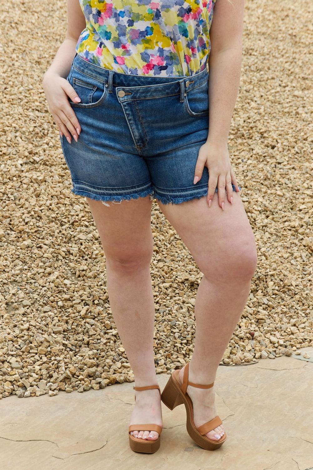 RISEN Maya Full Size Mid Rise Asymmetrical Shorts Carauana Store
