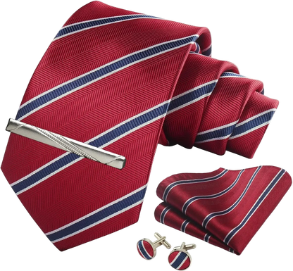 Red striped tie with matching pocket square, tie clip, and cufflinks on a white background