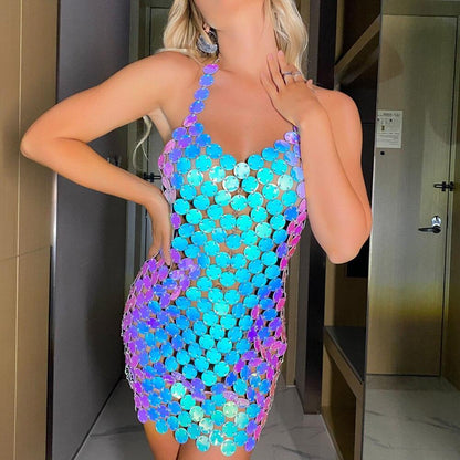 Sexy Metal Sequins Mini Dress Backless Neck Halter Party Night club