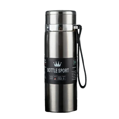 Silver insulated bottle with black label