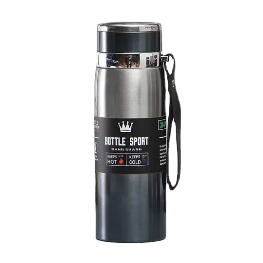 Silver insulated bottle with black label