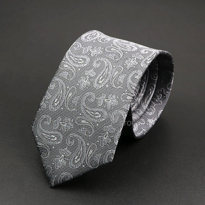 Silver paisley patterned tie on a black background