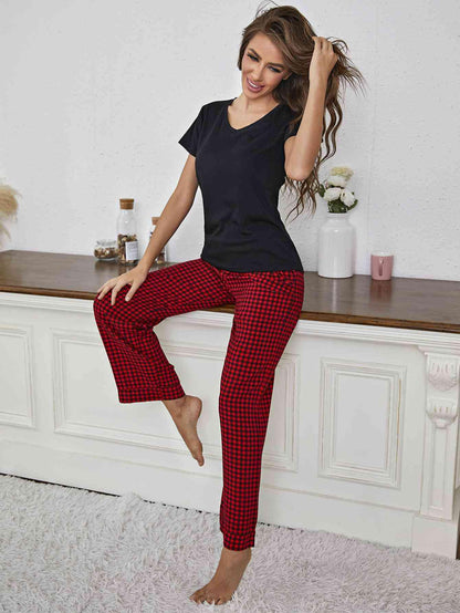 V-Neck Top and Gingham Pants Lounge Set Carauana Store