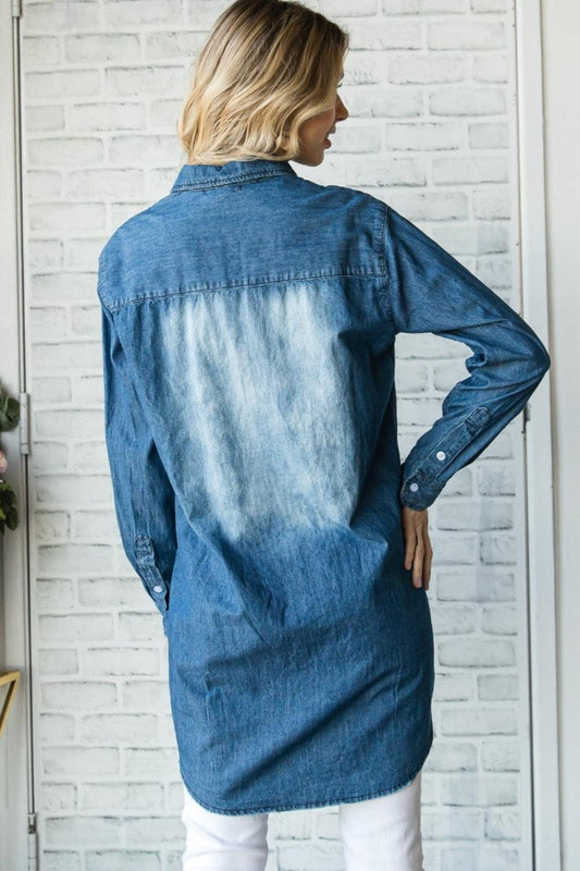 Veveret Pocketed Button Up Washed Denim Shirt Carauana Store