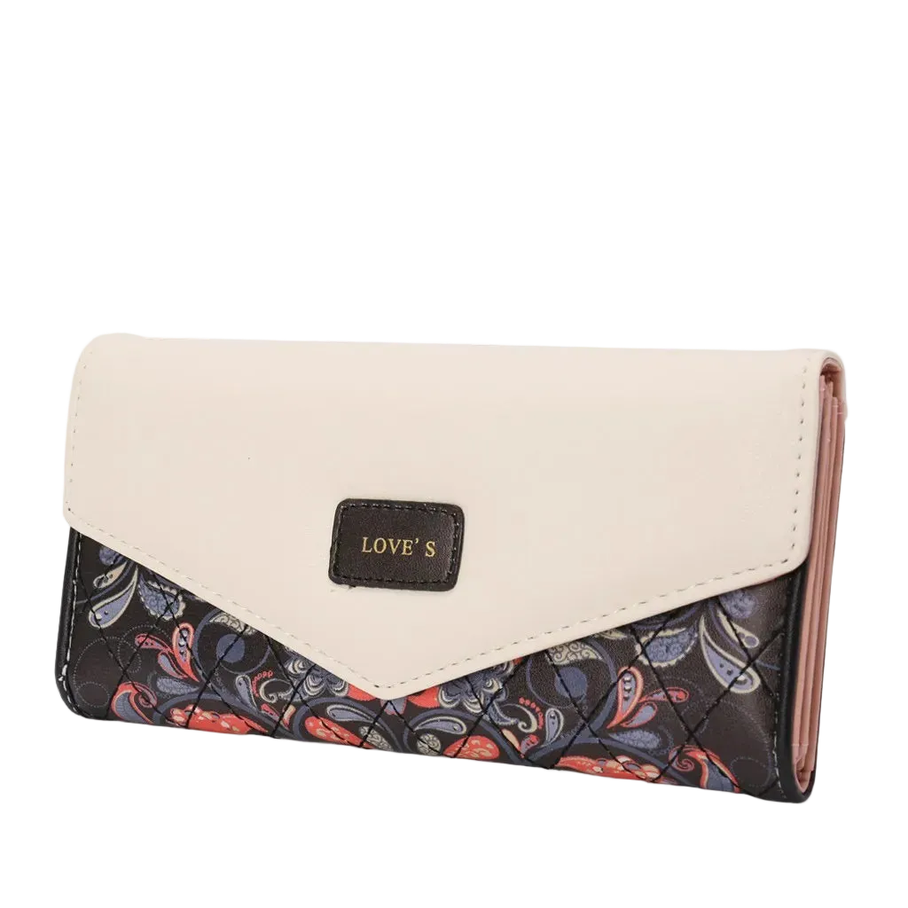 Wallet with floral patterned flap and beige top section