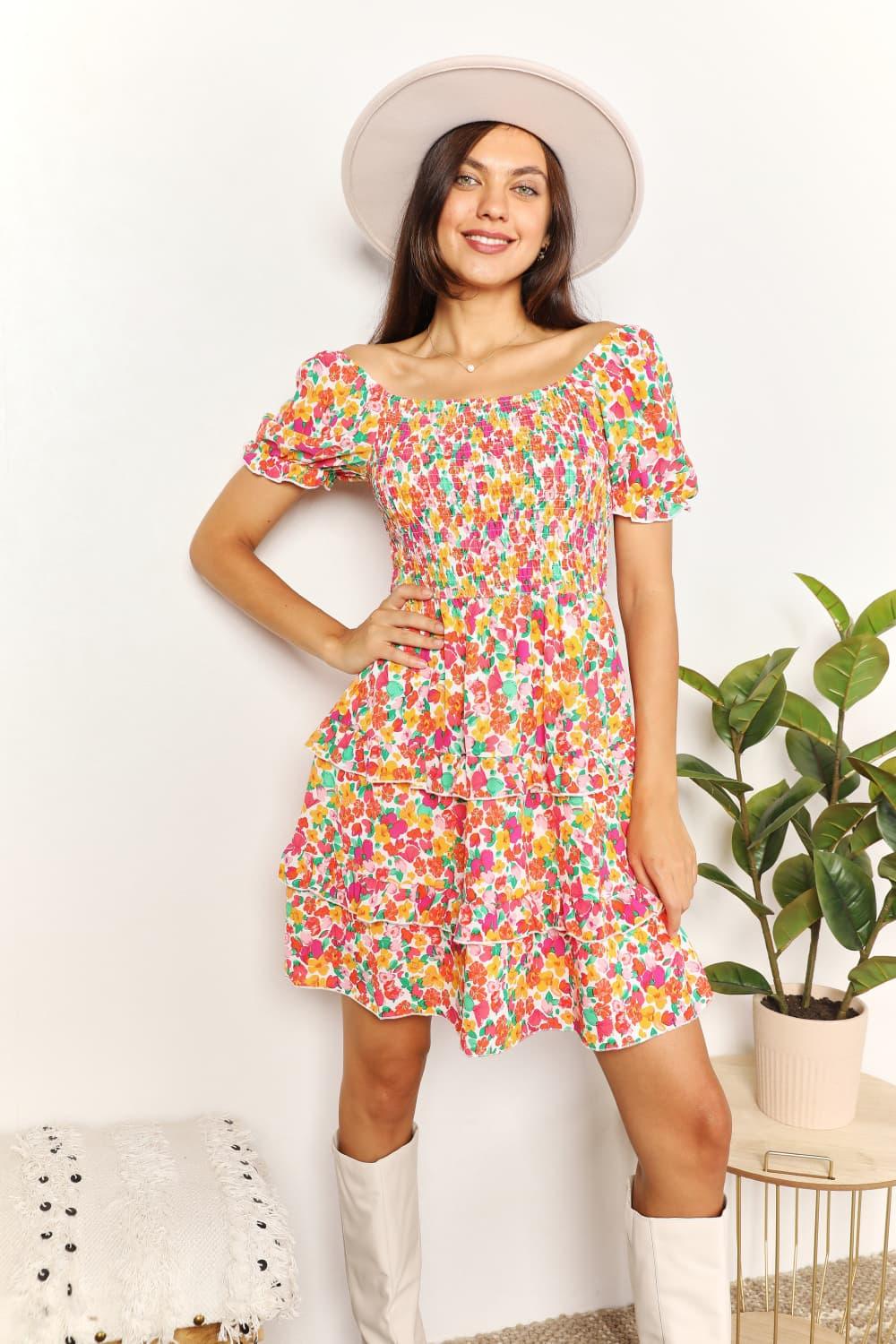 Double Take Smocked Sweetheart Neck Flounce Sleeve Mini Dress Carauana Store