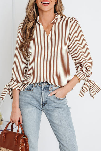 Straw Yellow Striped Print Tied Cuffs Split Neck Seersucker Blouse
