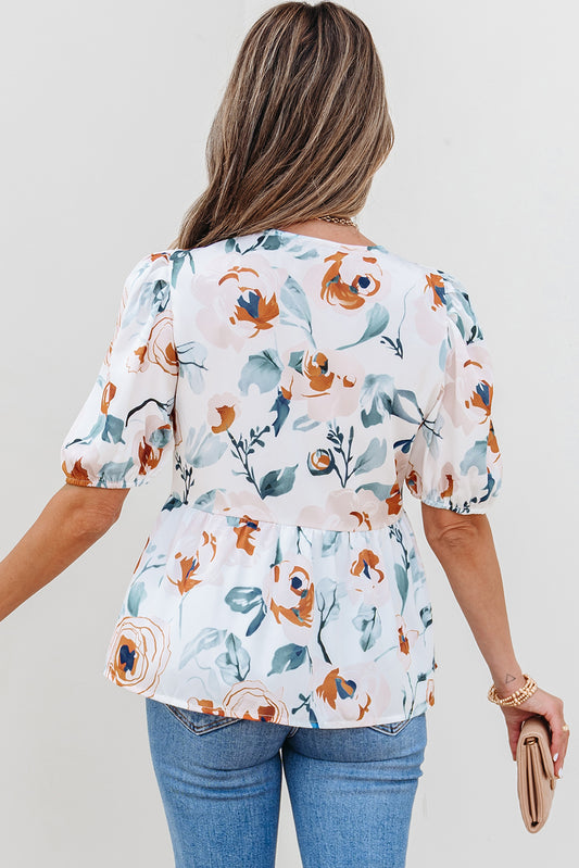 Green Floral Print Puff Sleeve V Neck Babydoll Blouse