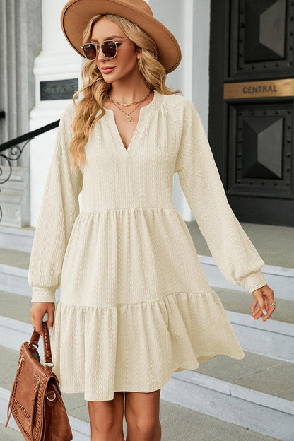 Ruched Notched Long Sleeve Mini Dress Carauana Store
