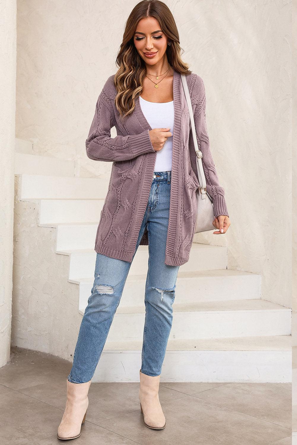 Cable-Knit Dropped Shoulder Slit Cardigan Carauana Store
