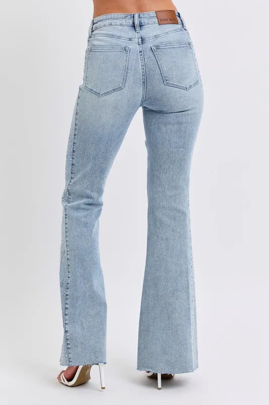 Judy Blue Full Size Mid Rise Rhinestone Side Panel Detail Flare Jeans Plus Size Carauana Store