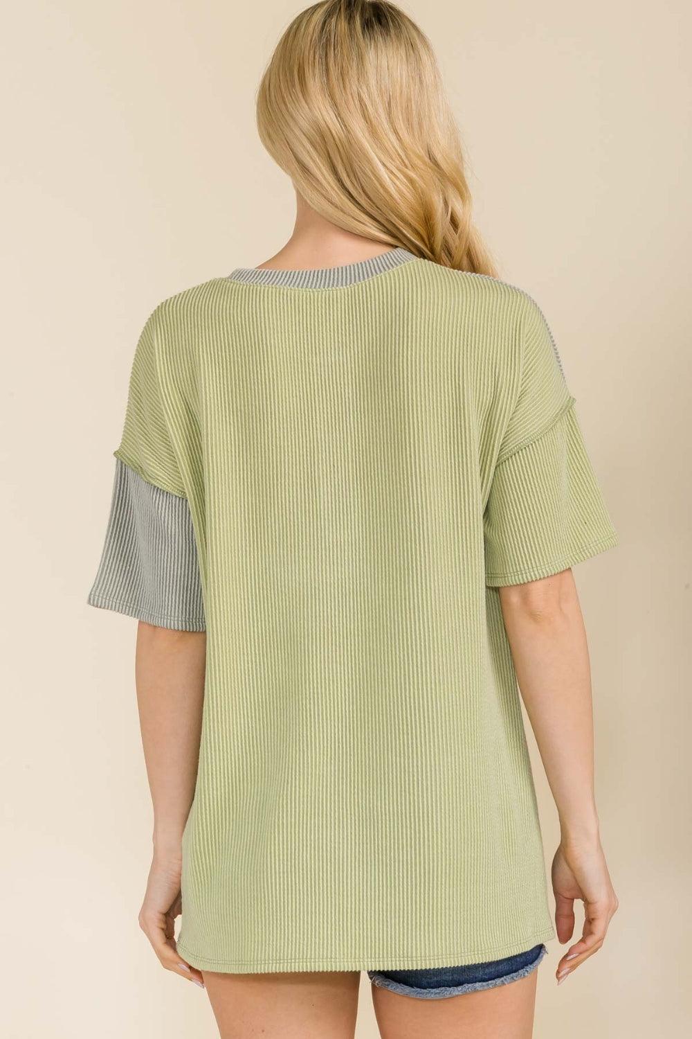 Celeste Full Size Ribbed Color Block Short Sleeve T-Shirt Carauana Store