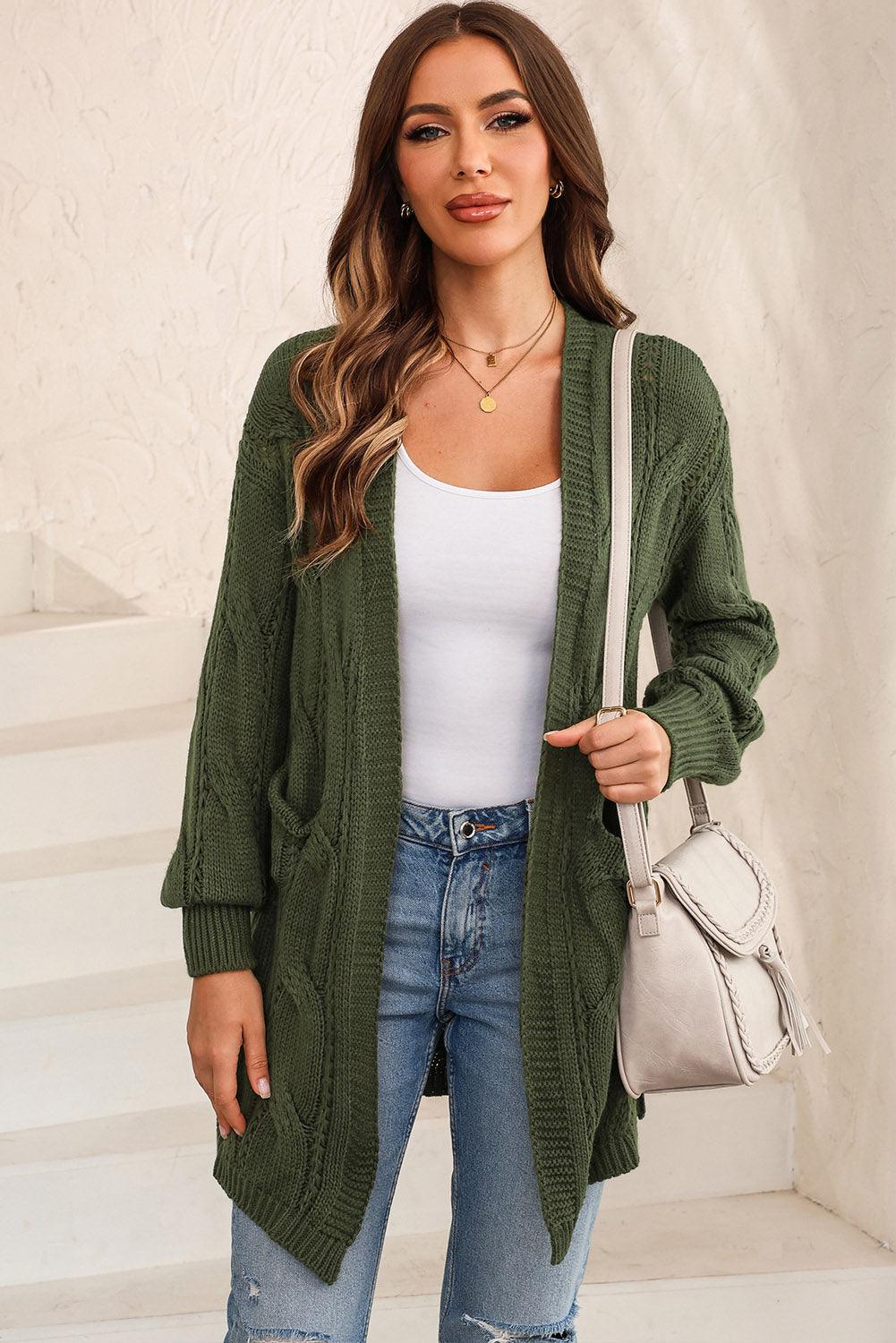 Cable-Knit Dropped Shoulder Slit Cardigan Carauana Store