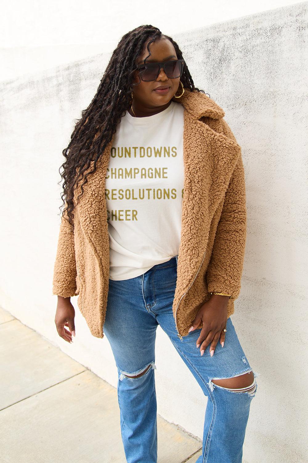 Simply Love Full Size COUNTDOWNS CHAMPAGNE RESOLUTIONS & CHEER Round Neck T-Shirt Carauana Store