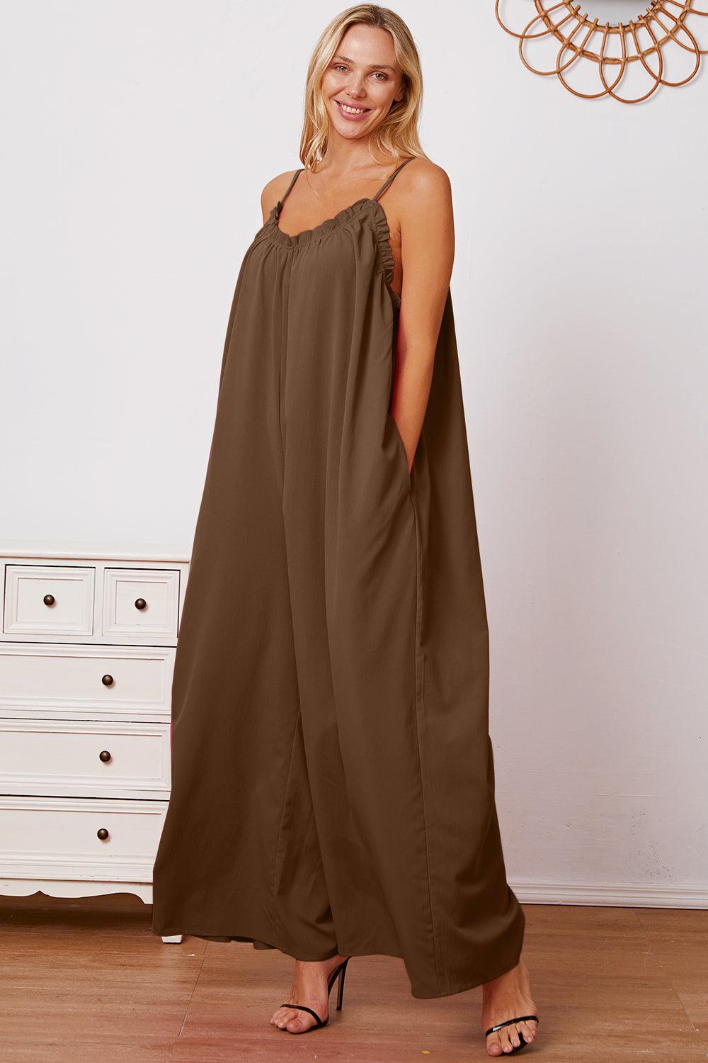 Double Take Full Size Ruffle Trim Tie Back Cami Jumpsuit with Pockets Carauana Store