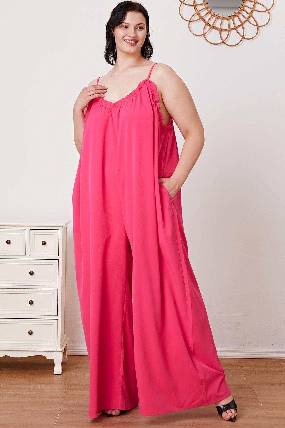 Double Take Full Size Ruffle Trim Tie Back Cami Jumpsuit with Pockets Carauana Store