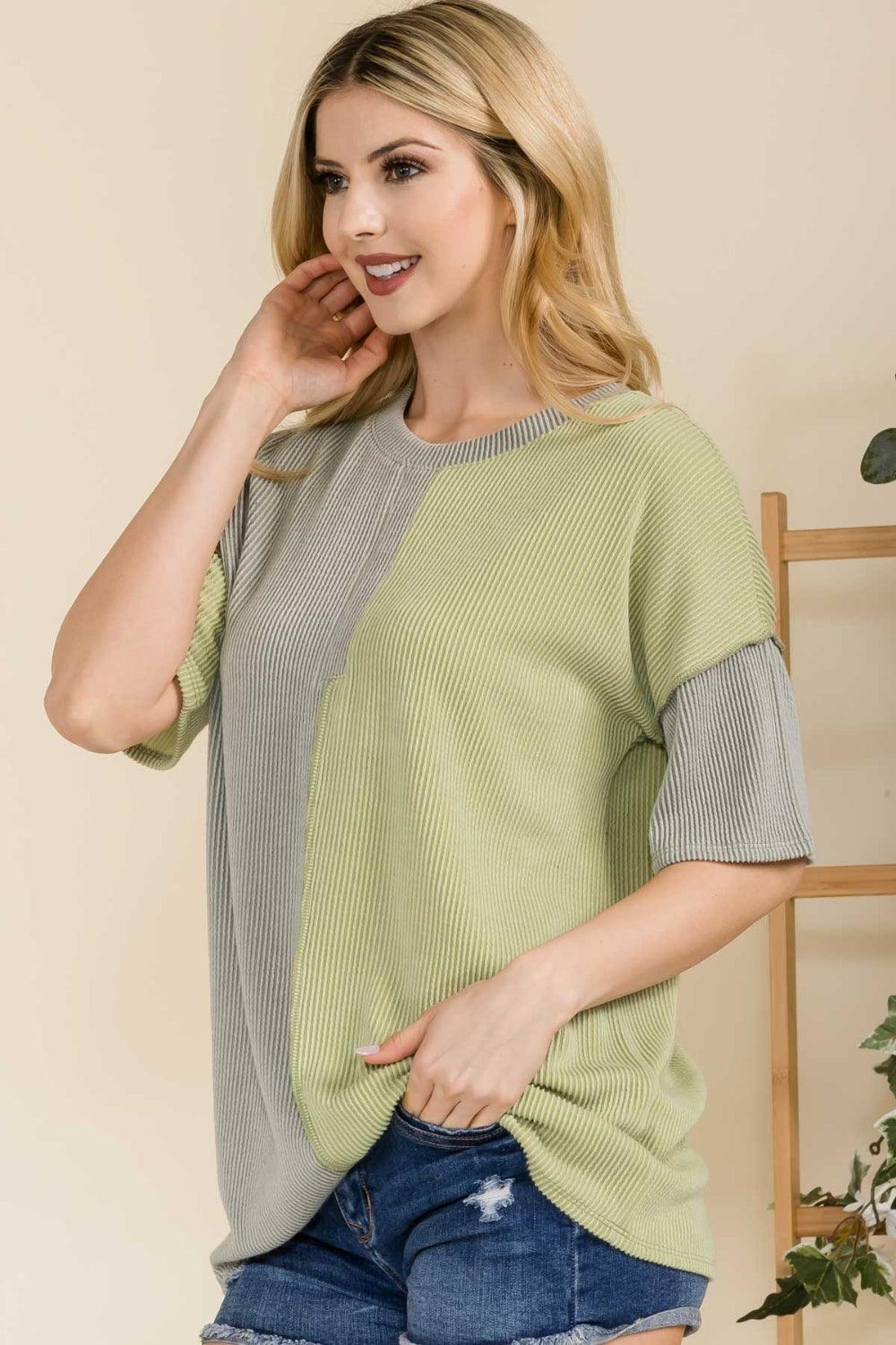 Celeste Full Size Ribbed Color Block Short Sleeve T-Shirt Carauana Store