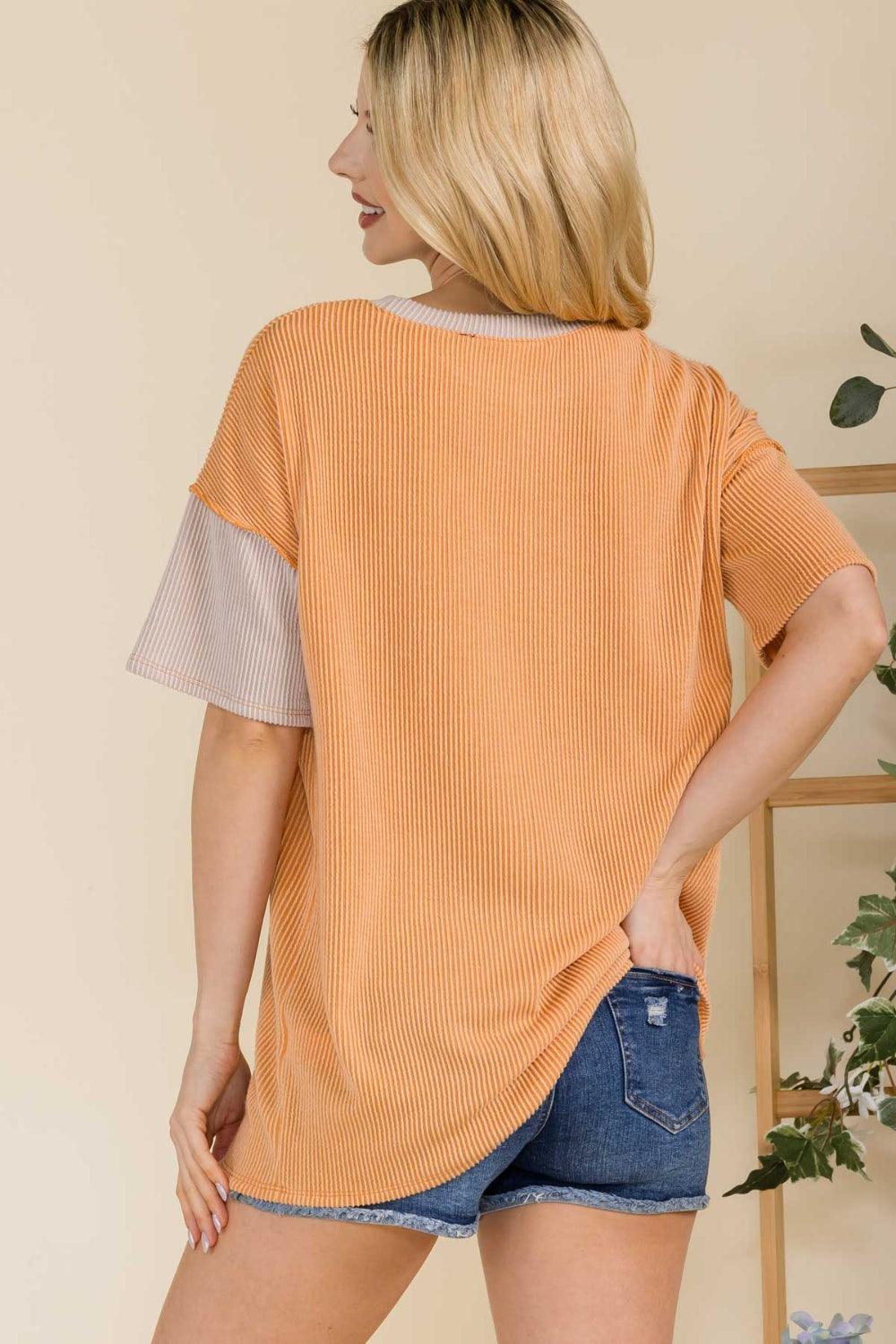 Celeste Full Size Ribbed Color Block Short Sleeve T-Shirt Carauana Store