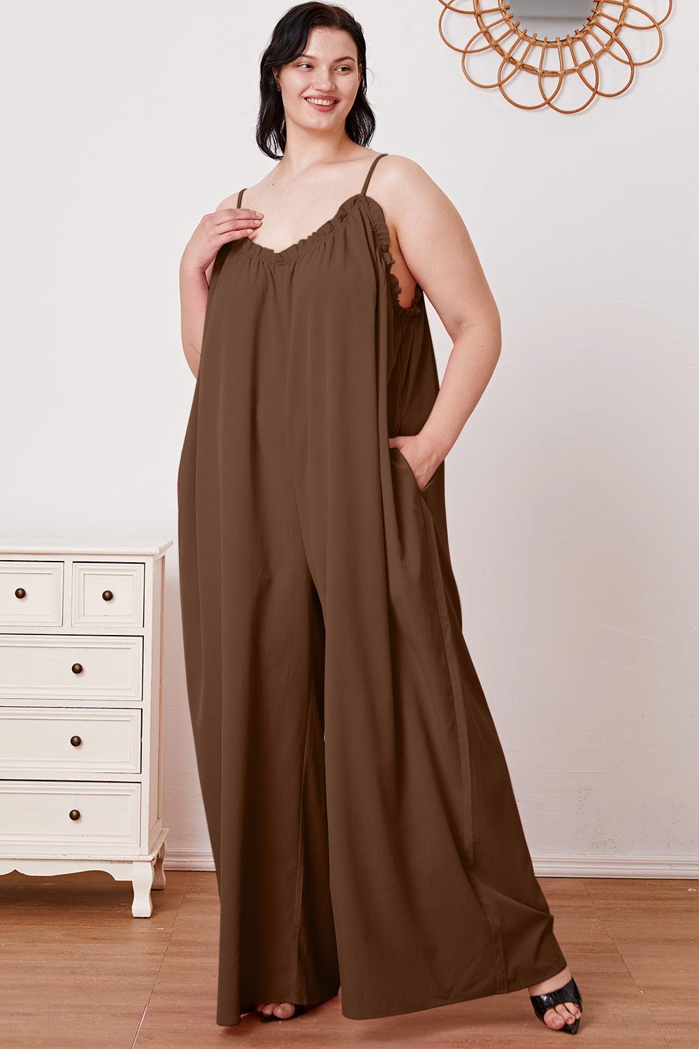 Double Take Full Size Ruffle Trim Tie Back Cami Jumpsuit with Pockets Carauana Store