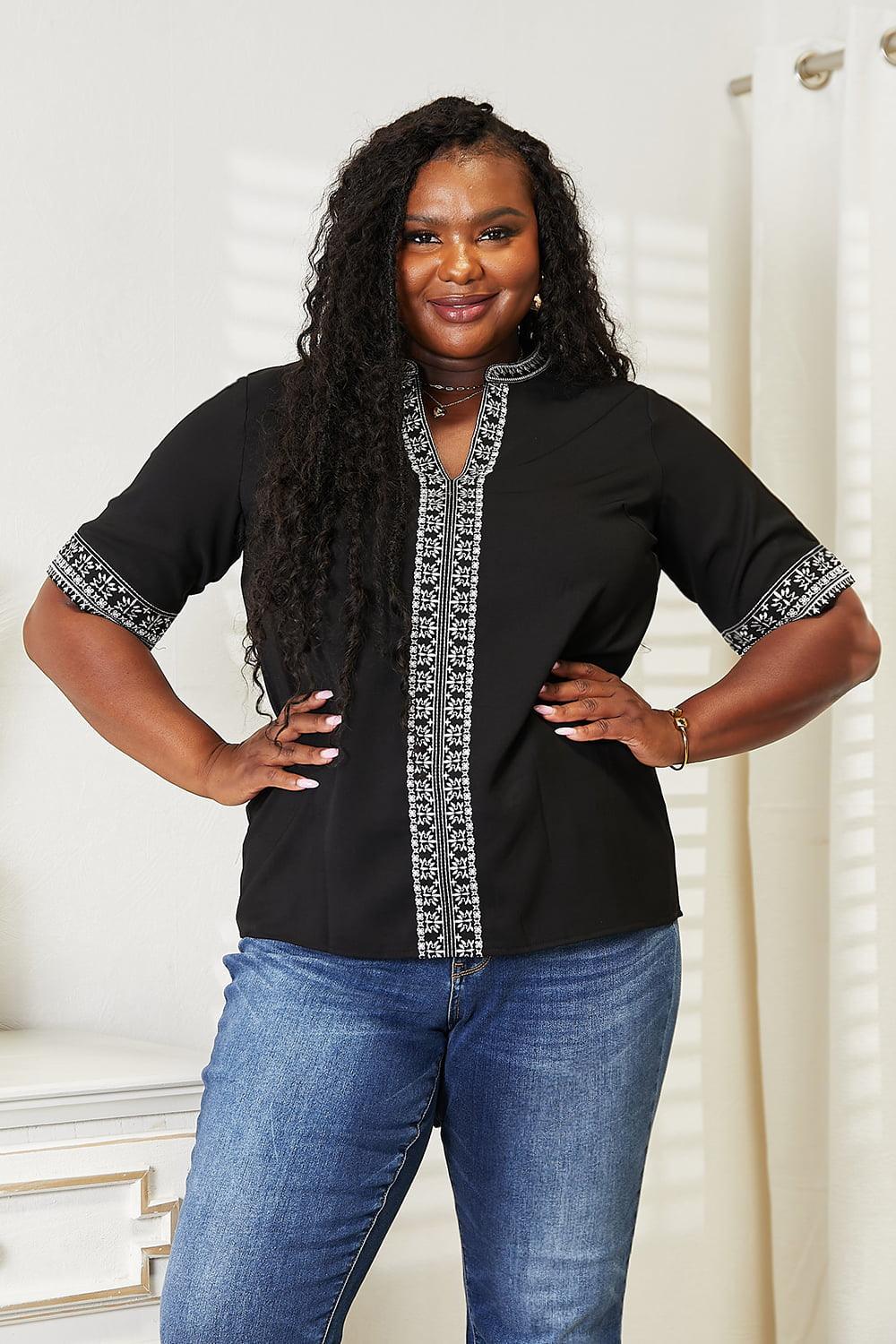 Double Take Embroidered Notched Neck Top Carauana Store