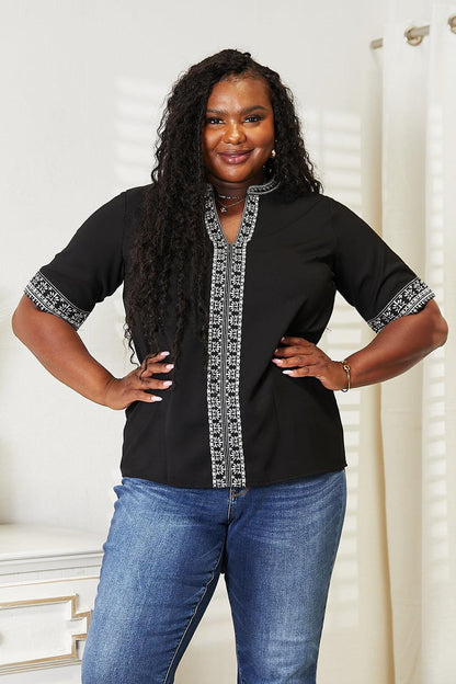 Double Take Embroidered Notched Neck Top Carauana Store