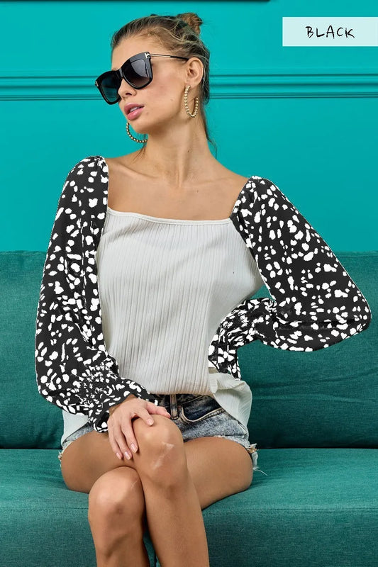 BiBi Ribbed Top with Leopard Long Sleeves Carauana Store