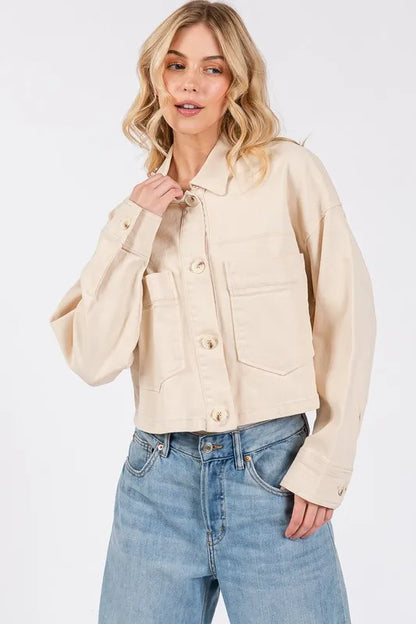 bytos Button Down Cropped Denim Jacket with Patch Pockets Carauana Store
