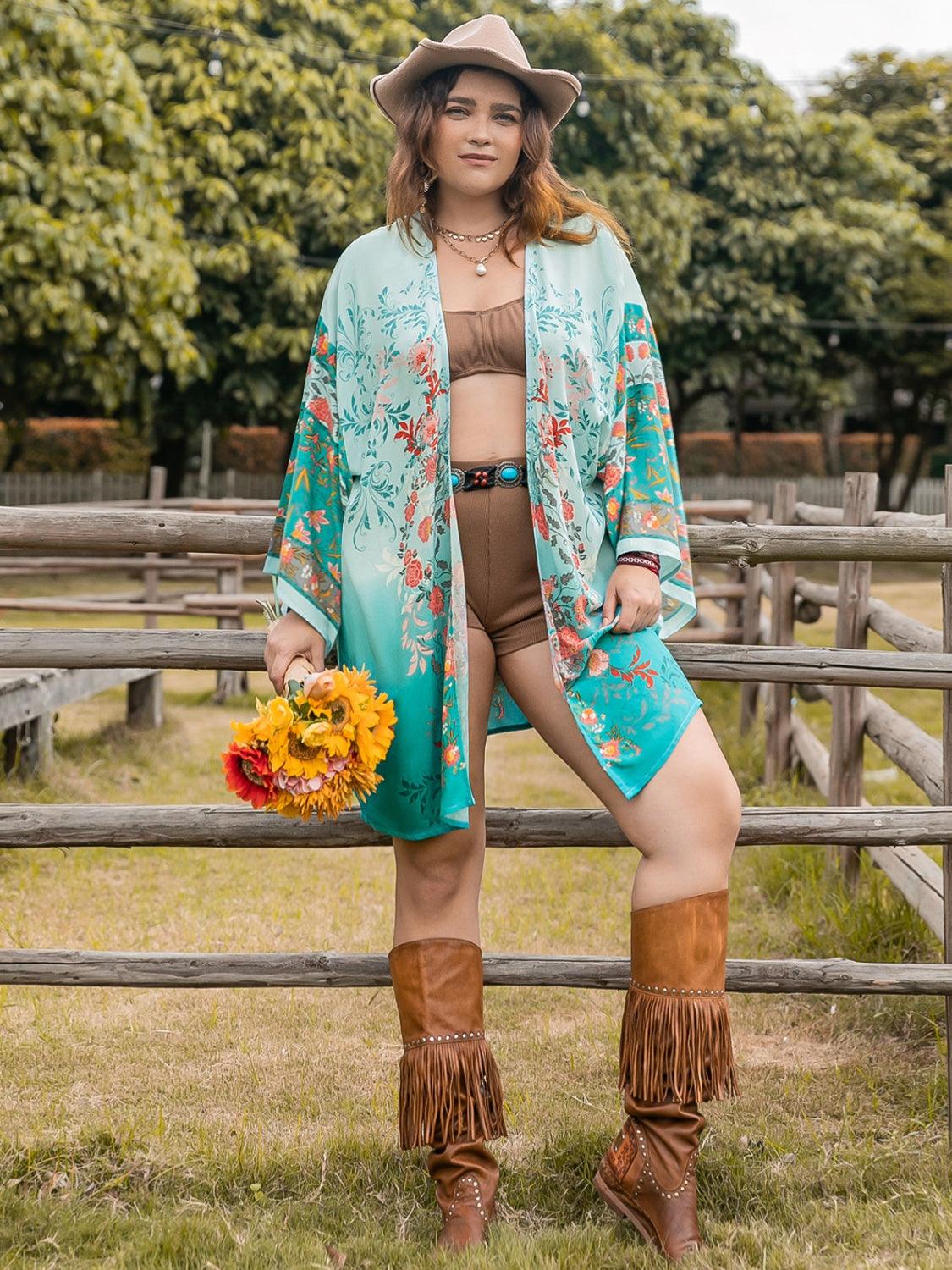 Plus Size Printed Open Front Long Sleeve Cover Up Carauana Store