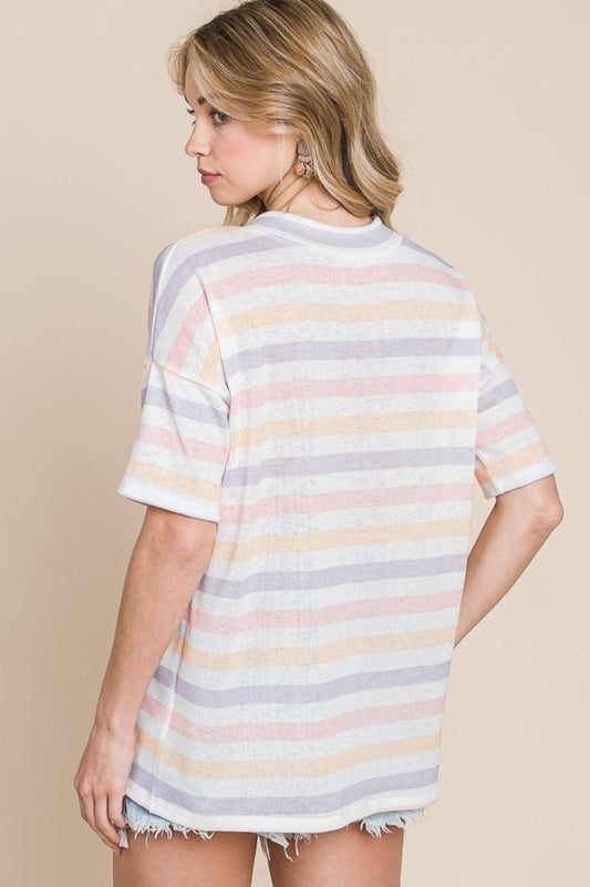 BOMBOM Striped V-Neck Short Sleeve T-Shirt Carauana Store