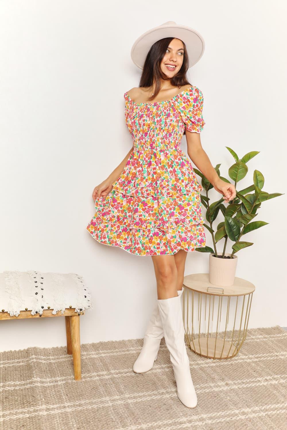 Double Take Smocked Sweetheart Neck Flounce Sleeve Mini Dress Carauana Store